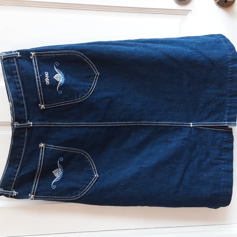 Gitano Jean Skirt 14 12 Dark Denim Embroidered Pocket Skater 90's Midi L M